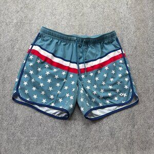 Burlebo Swim Trunks Men M Blue White Red Patriotic Flag Print Stretch 6"